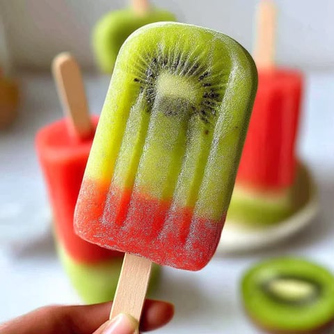 A person holding a popsicle with kiwi and watermelon.