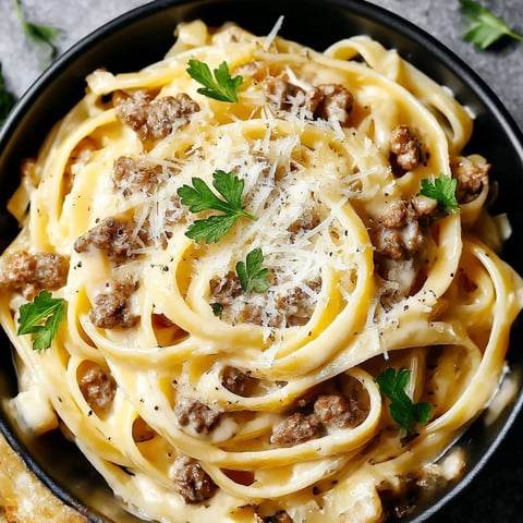 A bowl of pasta with meat and cheese.