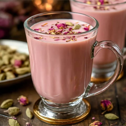 A glass of pink tea with rose petals on top.