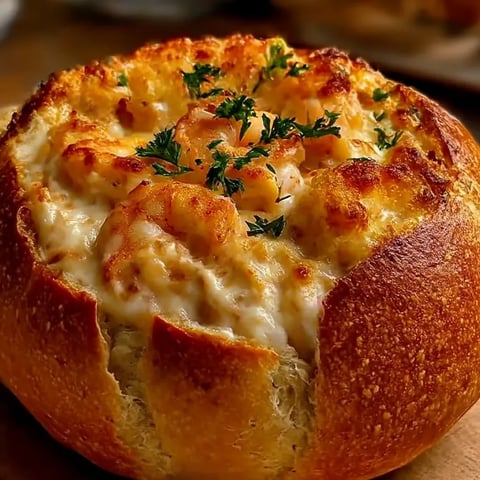 A stuffed seafood bread bowl.