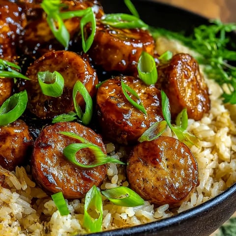 A bowl of rice with sausage on top.