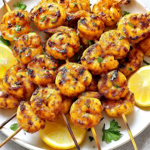 A plate of grilled shrimp with lemon wedges.