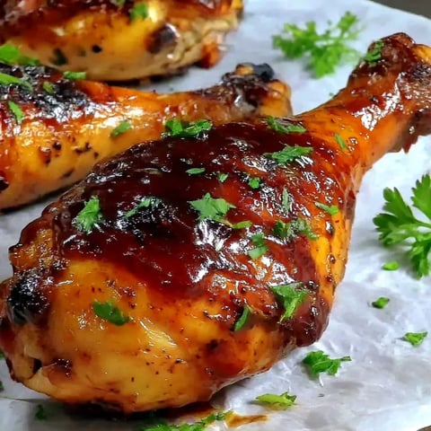 Grilled BBQ Chicken Drumsticks on a white plate.