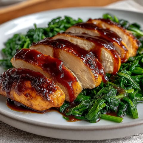A plate of BBQ chicken with greens.