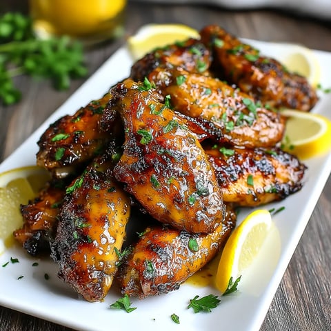Grilled chicken wings with lemon and herbs.
