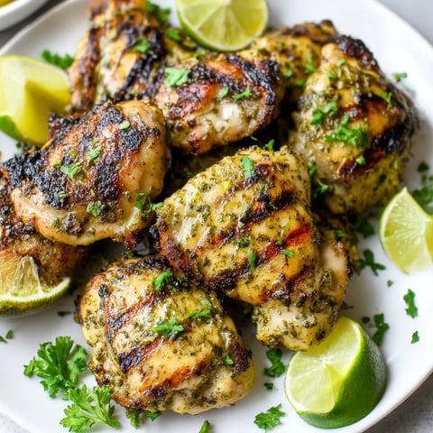 A plate of chicken thighs with cilantro and lime.