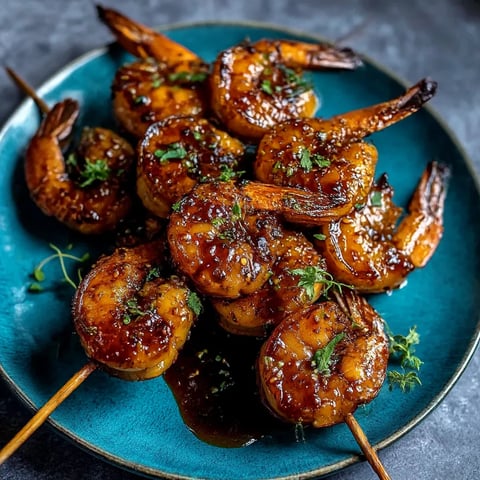 A plate of shrimp skewers with honey garlic sauce.