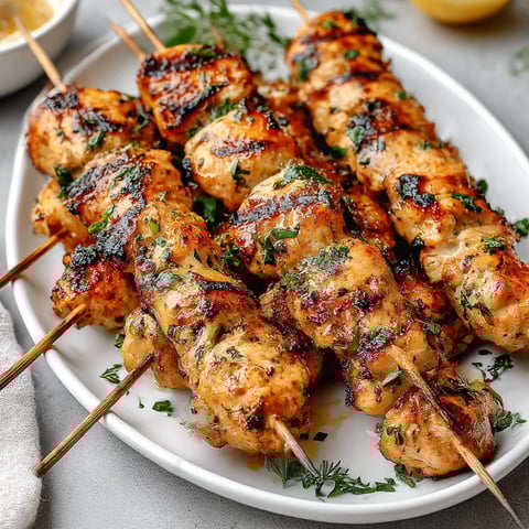A plate of garlic parmesan chicken skewers.
