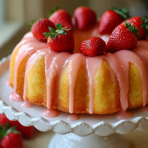 A slice of strawberry pound cake with strawberries on top.