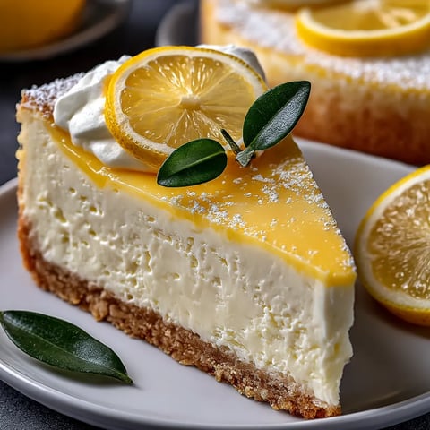 A slice of lemon cheesecake cake with a lemon wedge on top.