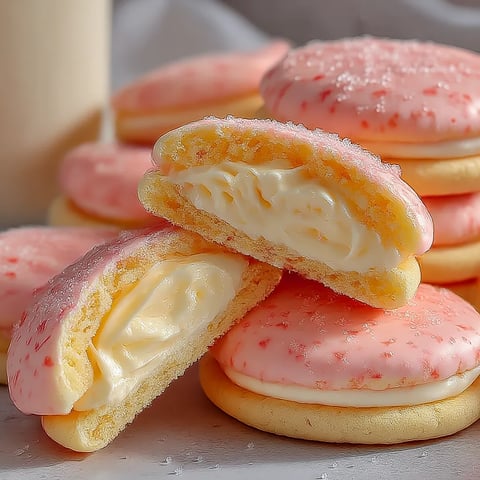 A stack of pink and white cookies.