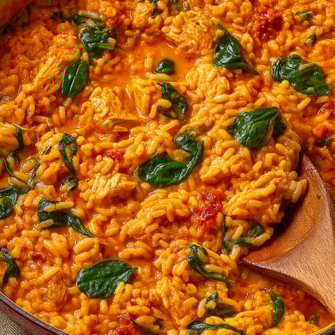 A bowl of chicken and chorizo risotto with green leaves.