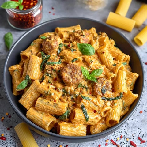 A bowl of spicy vegan sausage pasta.