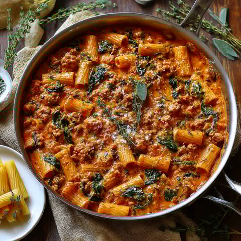 A pan of rigatoni with sausage and greens.