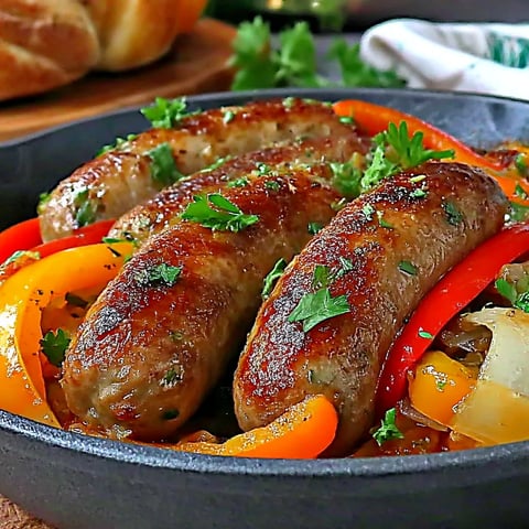 A plate of sausage with peppers and onions.
