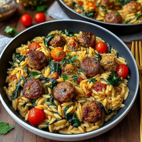 A bowl of pasta with sausage and tomatoes.