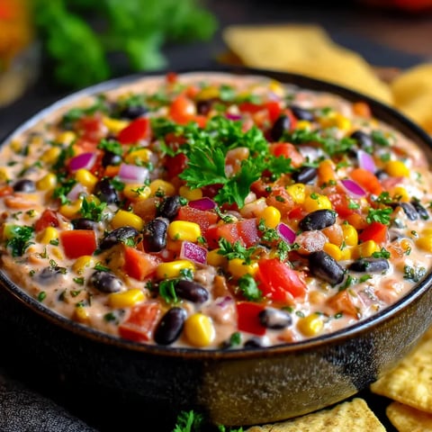 A bowl of cowboy caviar dip with chips.