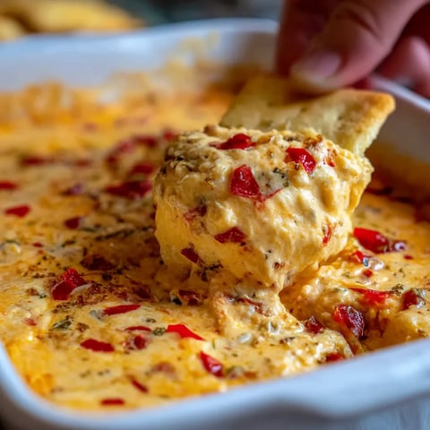 A person is dipping a piece of bread into a bowl of cheese dip.