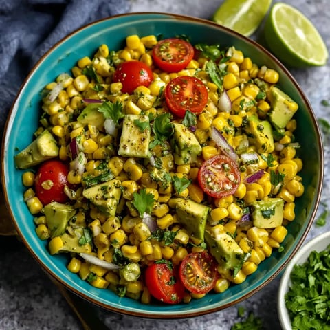 A bowl of corn salad with tomatoes and avocado.