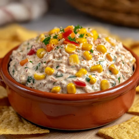 A bowl of dip with corn and tomatoes.