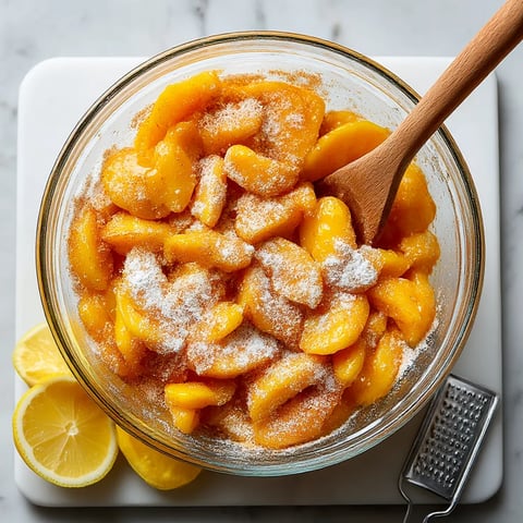 A glass bowl filled with peaches and sugar.