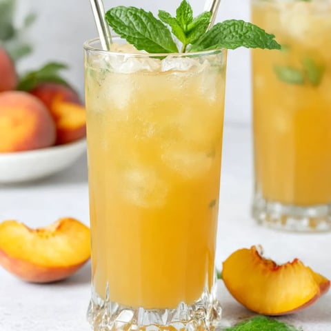A glass of peach green tea with a mint garnish.