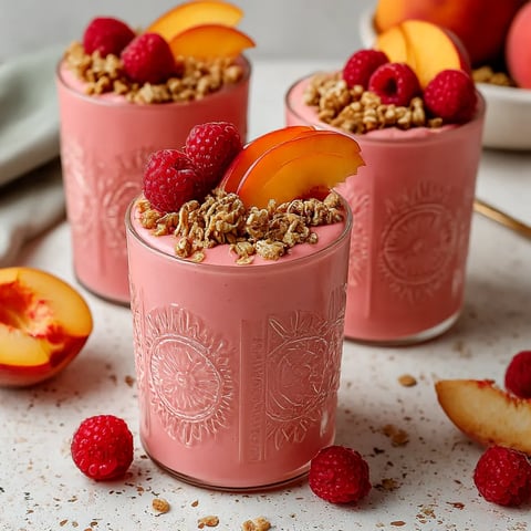Three glasses of pink smoothie with raspberries on top.