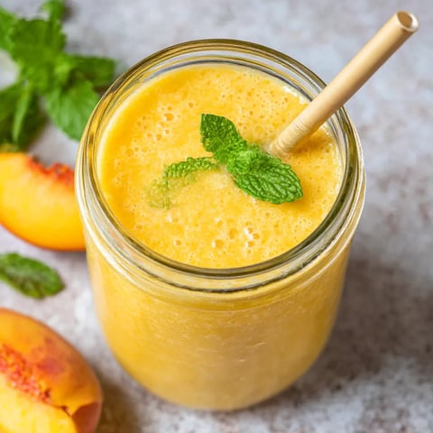 A glass of peach smoothie with a straw.