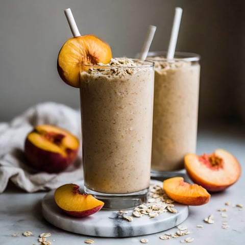 Two glasses of peach smoothie with peaches on the side.