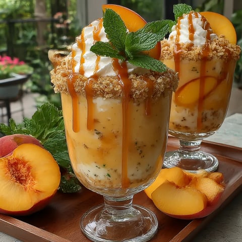 A glass of peach cobbler smoothie with a mint garnish.
