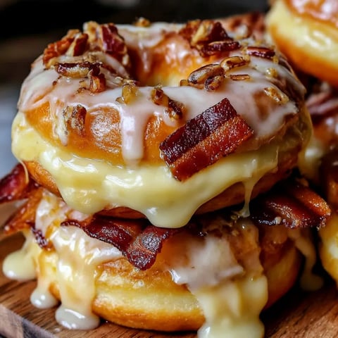 A stack of donuts with bacon and maple glaze.