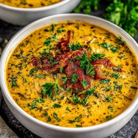 A bowl of soup with bacon and green herbs.