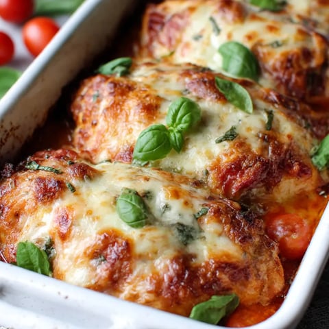 A dish of chicken with mozzarella cheese and basil.