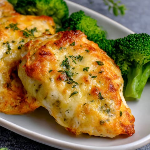 Two pieces of chicken with broccoli on a plate.