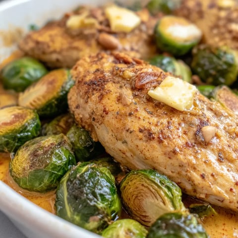 A dish of garlic butter chicken and Brussels sprouts.