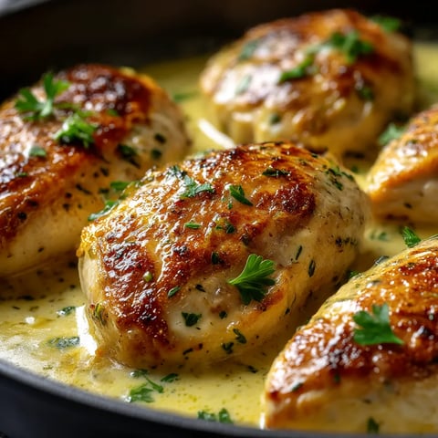 Chicken in a pan with sauce.