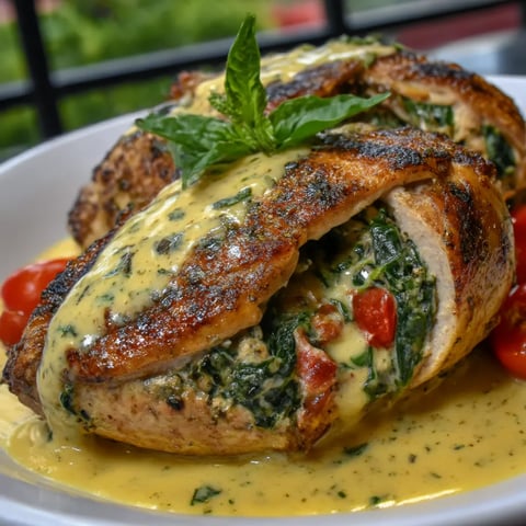A plate of grilled stuffed chicken with cream sauce.