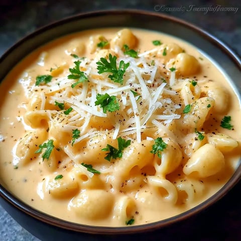 A bowl of macaroni and cheese with a green herb on top.