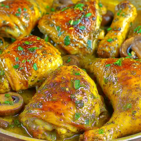 A pan of chicken with mushrooms and herbs.