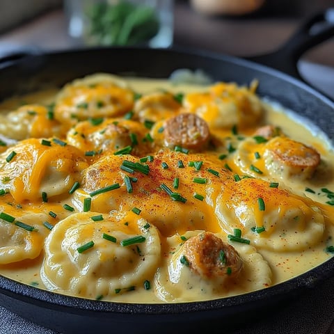 A skillet filled with creamy pierogi and turkey sausage.