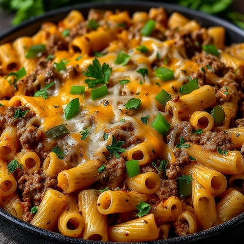 A bowl of pasta with meat and cheese.