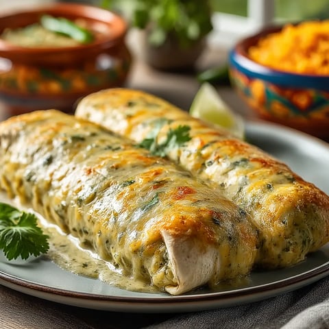 A plate of smothered green chili burritos.