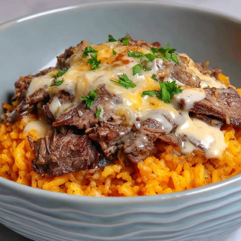 A bowl of steak queso rice.