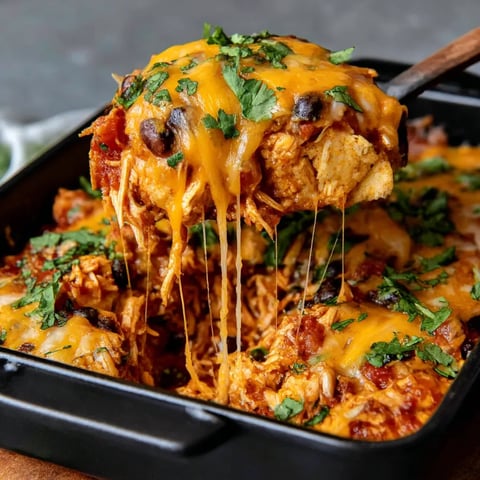 A delicious chicken burrito casserole in a black pan.