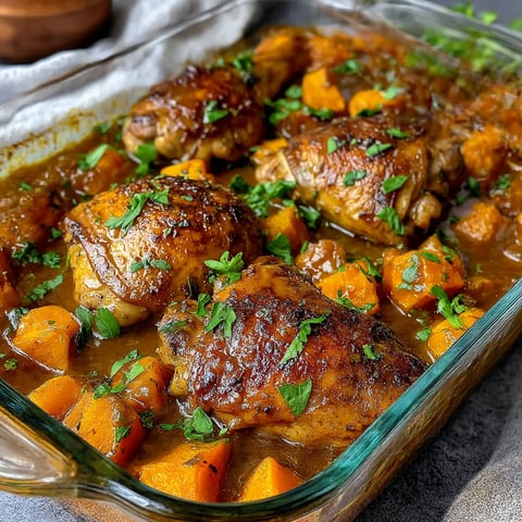 A dish of chicken and sweet potatoes.