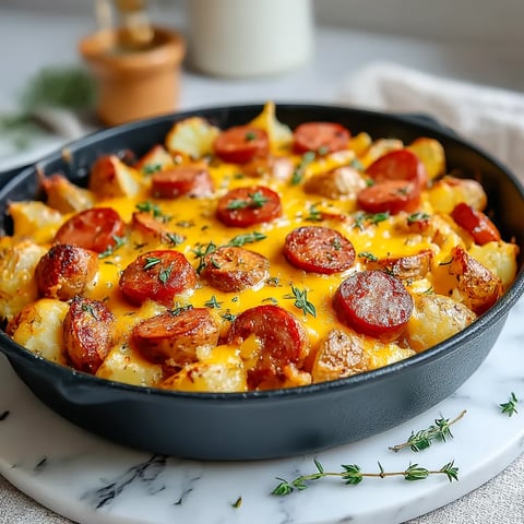 A dish of sausage and potatoes.