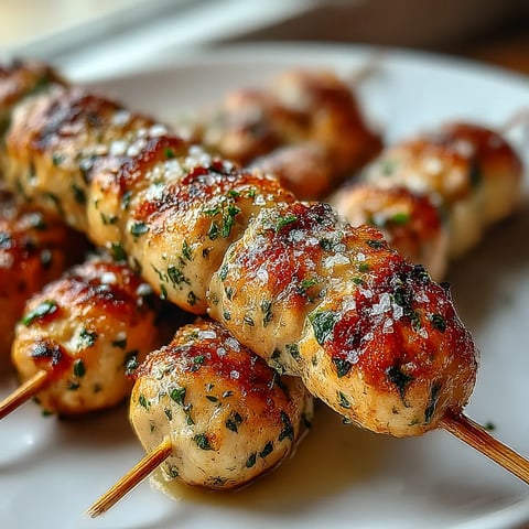 A plate of chicken skewers with garlic and Parmesan.