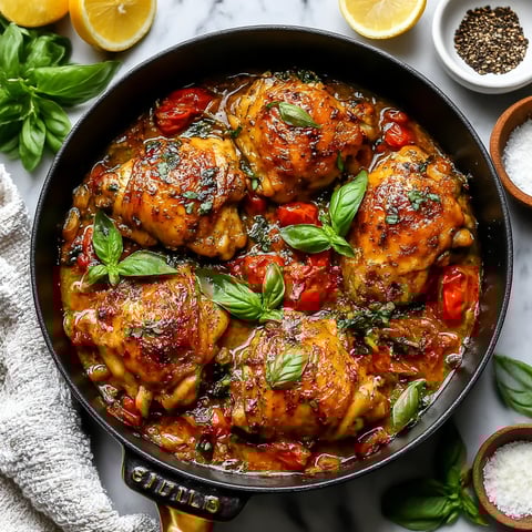 A pan of chicken with herbs and spices.
