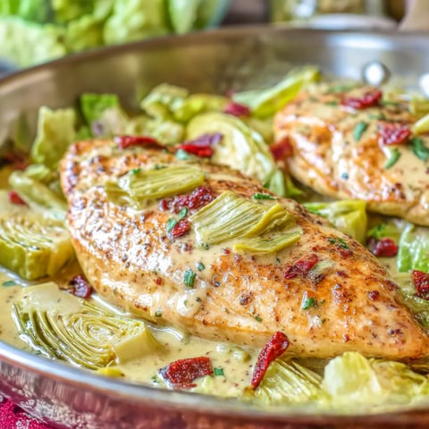 A skillet with chicken and vegetables.