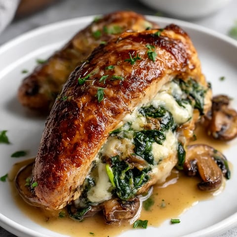 A plate of food with a mushroom stuffed chicken breast.
